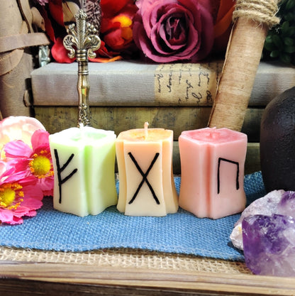 Nordic Runes Candle Set - Uruz, Gebo, Fehu - 4oz Organic Coconut Soy Wax Candle, Pagan Witchy Gifts, Cucumber Melon Honey Vanilla Scent - The Dark Primordial