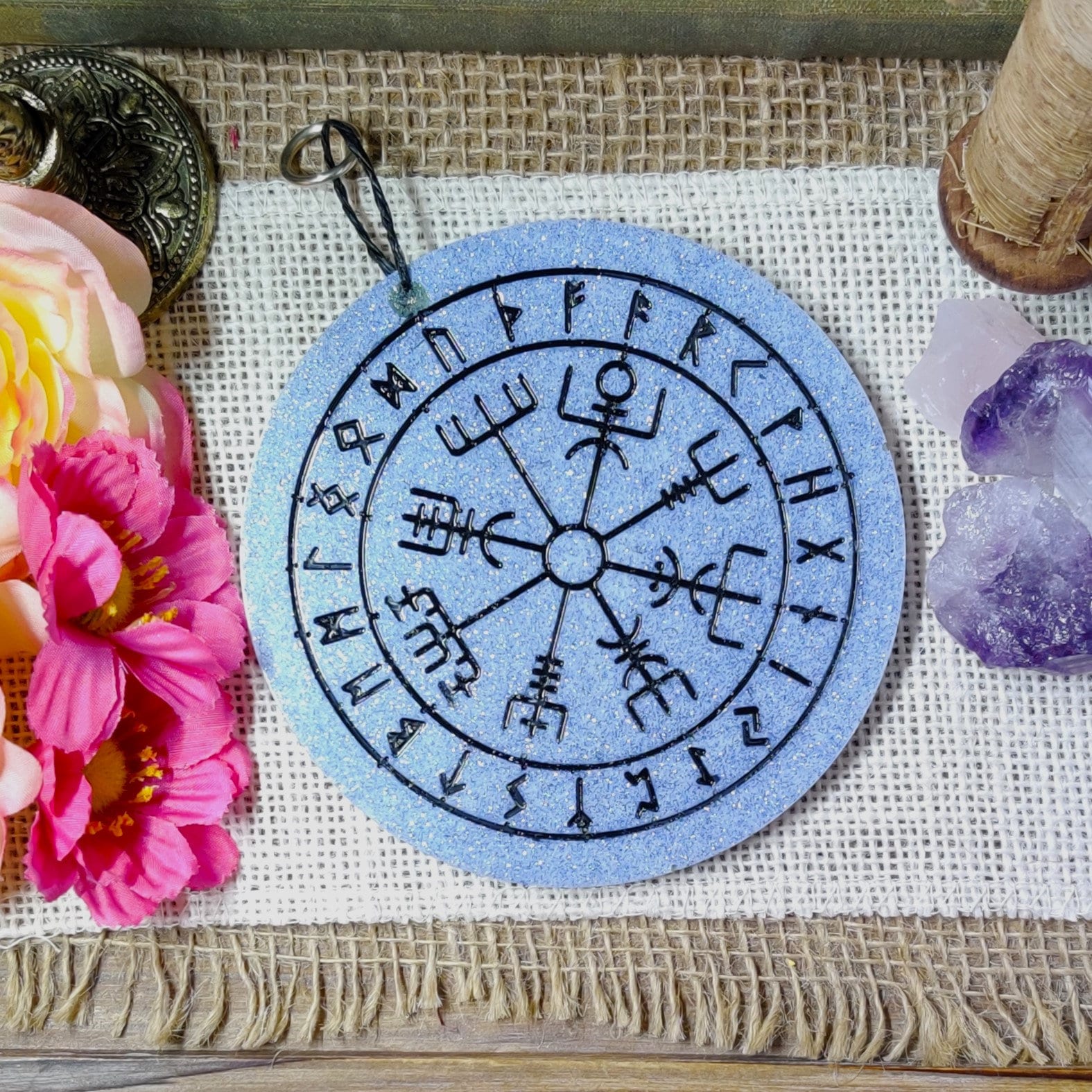 Nordic Vegvisir Desk Ornament, Norse Pagan Altar & Nightstand Decor for Elder Futhark Runes Lover, Gifts for Witches and Icelandic Vikings - The Dark Primordial