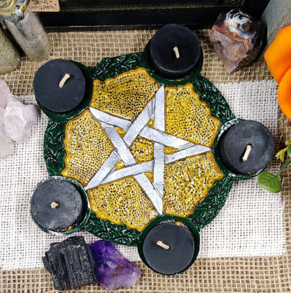 Pentacle Tealight Candle Holder, 5 Pointed Star Altar Accessory, Gold Silver Pentagram Candle Holder for Sacred Space and Witchy Room Decor - The Dark Primordial