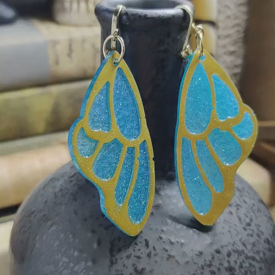 Gold/Blue Clip-On Fantasy Fairy Wing Earrings, Fae Fashion Lightweight Epoxy Resin Clip-Ons, Fantasy Jewelry For Night Out Or Everyday Wear