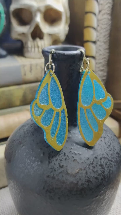 Gold/Blue Clip-On Fantasy Fairy Wing Earrings, Fae Fashion Lightweight Epoxy Resin Clip-Ons, Fantasy Jewelry For Night Out Or Everyday Wear