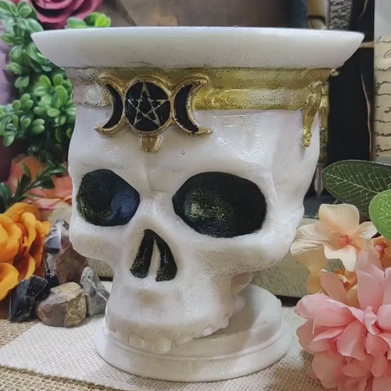 Momento Mori Skull Decorative Bowl, Triple Moon Goddess Altar Accessory for High Magick Workings & Practical Magic Decor, Hecate Ritual Tool