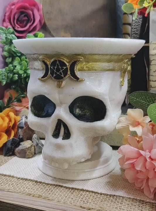 Momento Mori Skull Decorative Bowl, Triple Moon Goddess Altar Accessory for High Magick Workings & Practical Magic Decor, Hecate Ritual Tool