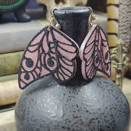 Clip-On Fantasy Fairy Wing Earrings, Black Pink Fae Fashion Lightweight Epoxy Resin Clip-Ons, Fantasy Jewelry For Night Out Or Everyday Wear