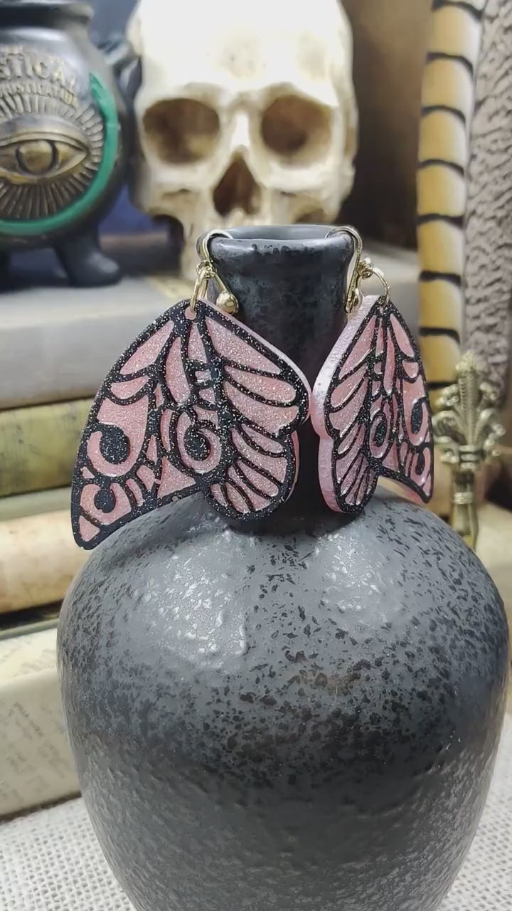 Clip-On Fantasy Fairy Wing Earrings, Black Pink Fae Fashion Lightweight Epoxy Resin Clip-Ons, Fantasy Jewelry For Night Out Or Everyday Wear