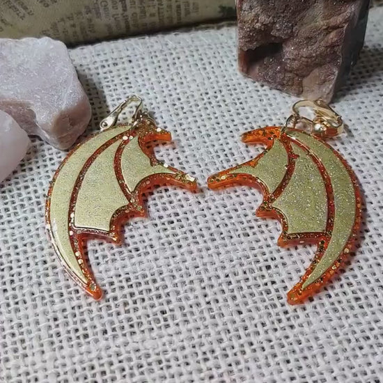 Red & Gold Clip-On Gothic Bat Wing Earrings, Dark Fashion Lightweight Epoxy Resin Clip-Ons, Spooky Jewelry For Night Out Or Everyday Wear