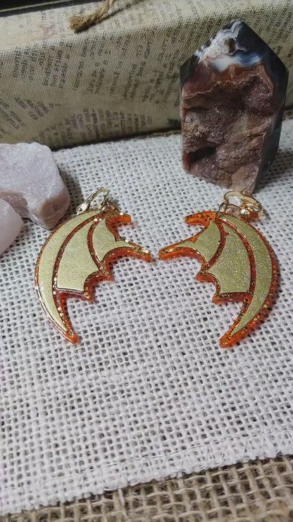 Red & Gold Clip-On Gothic Bat Wing Earrings, Dark Fashion Lightweight Epoxy Resin Clip-Ons, Spooky Jewelry For Night Out Or Everyday Wear