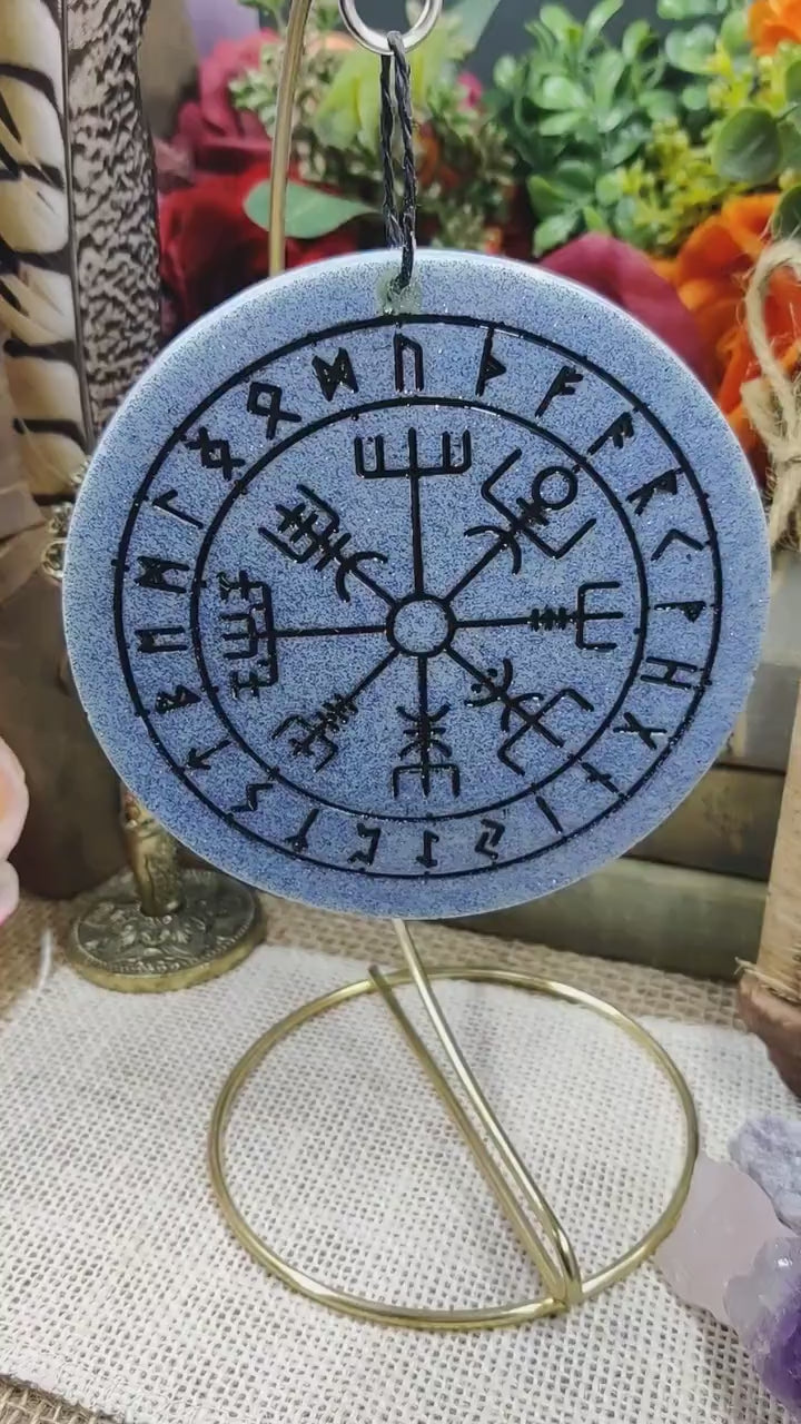 Nordic Vegvisir Desk Ornament, Norse Pagan Altar & Nightstand Decor for Elder Futhark Runes Lover, Gifts for Witches and Icelandic Vikings