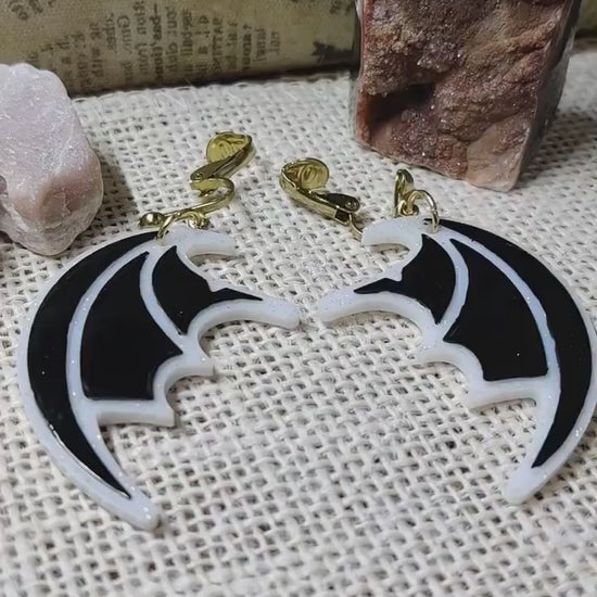 Black & White Clip-On Gothic Bat Wing Earrings, Dark Fashion Lightweight Epoxy Resin Clip-Ons, Spooky Jewelry For Night Out Or Everyday Wear