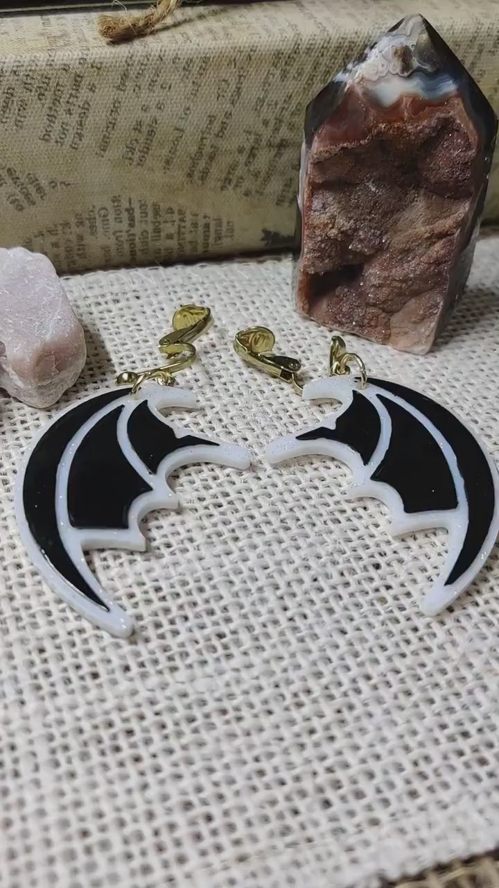 Black & White Clip-On Gothic Bat Wing Earrings, Dark Fashion Lightweight Epoxy Resin Clip-Ons, Spooky Jewelry For Night Out Or Everyday Wear