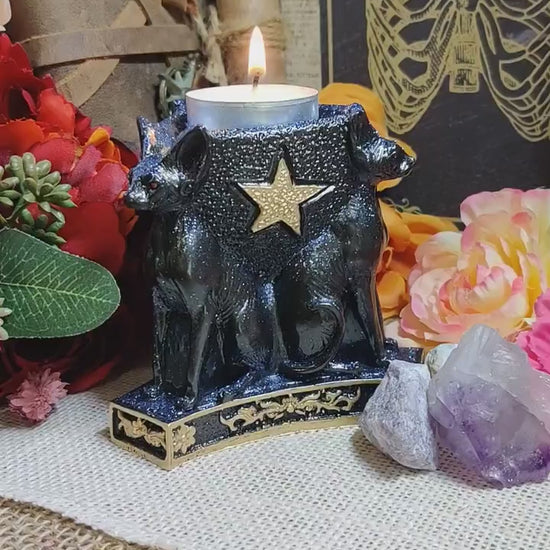 Egyptian Bastet Cat Candle Holder, Triple Goddess Bast Statue Tealight Holder for Practical Magic Decor & Patron Deity Altar, Egypt Gift