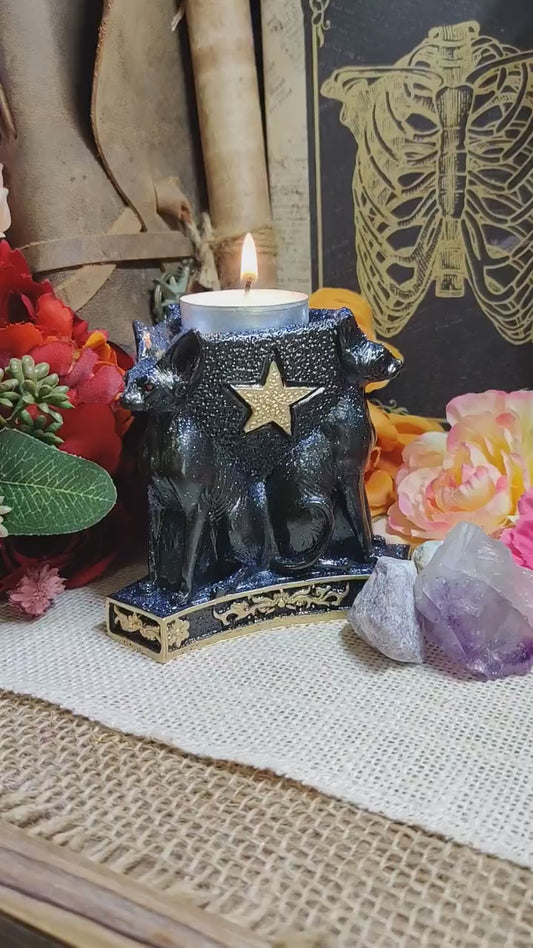 Egyptian Bastet Cat Candle Holder, Triple Goddess Bast Statue Tealight Holder for Practical Magic Decor & Patron Deity Altar, Egypt Gift