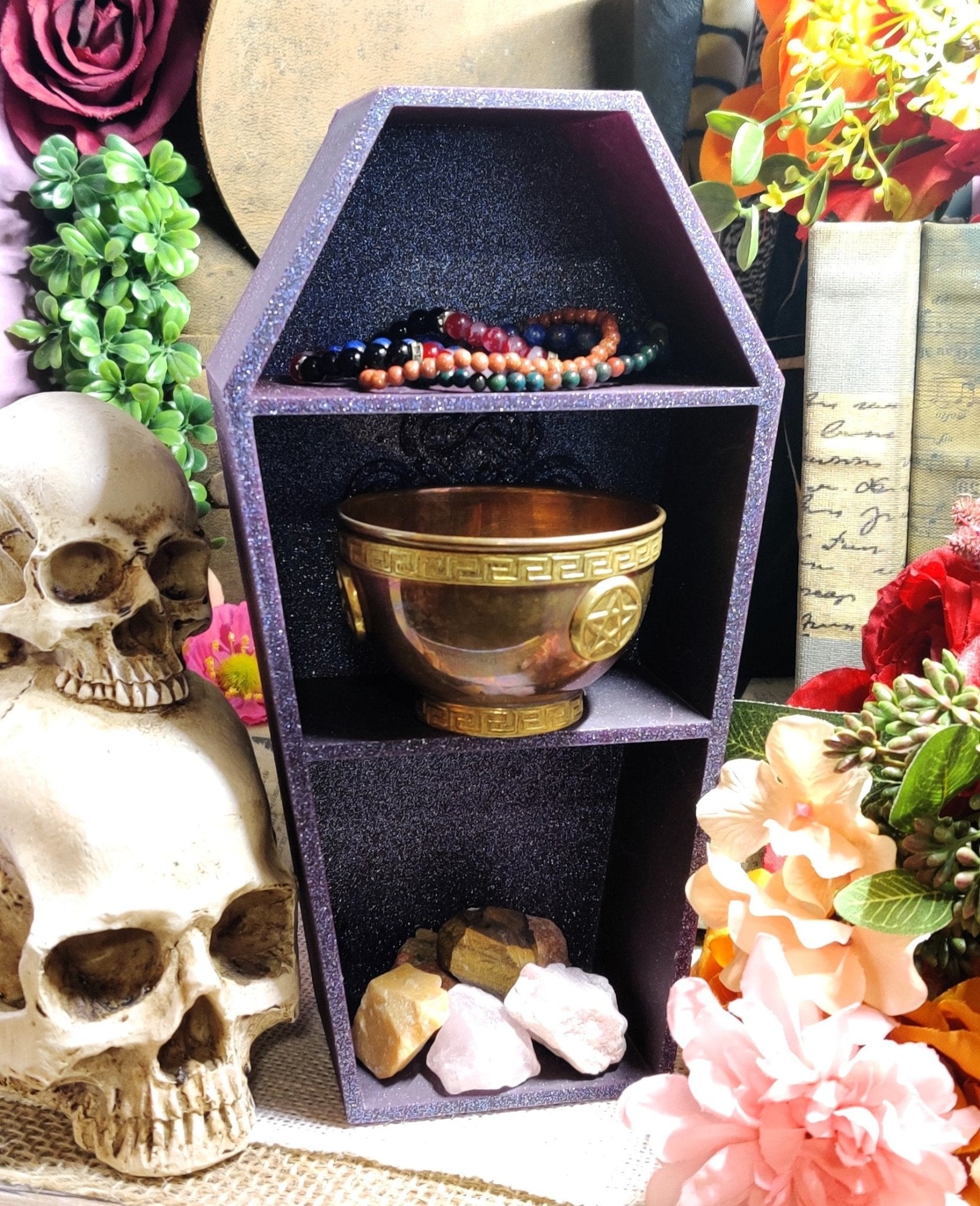 Resin Coffin Shelf, 3 Tier Gothic Witch Curio & Crystal Organizer, Macabre Alt Room Decor for Trad Goth Jewelry and Morbid Oddity Storage - The Dark Primordial