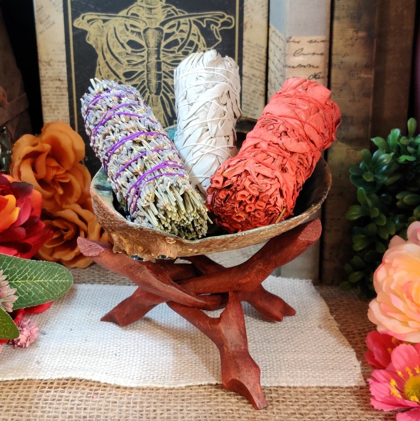 Sage Smudge Kit, Secular Witchcraft Supplies for Banishing Ritual & Negative Energy Cleanse, Abalone Shell w/ Wooden Tripod for Sacred Space - The Dark Primordial