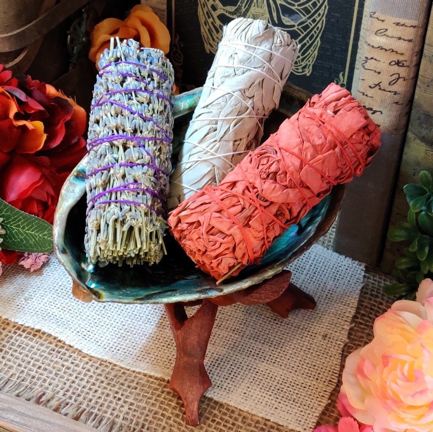 Sage Smudge Kit, Secular Witchcraft Supplies for Banishing Ritual & Negative Energy Cleanse, Abalone Shell w/ Wooden Tripod for Sacred Space - The Dark Primordial