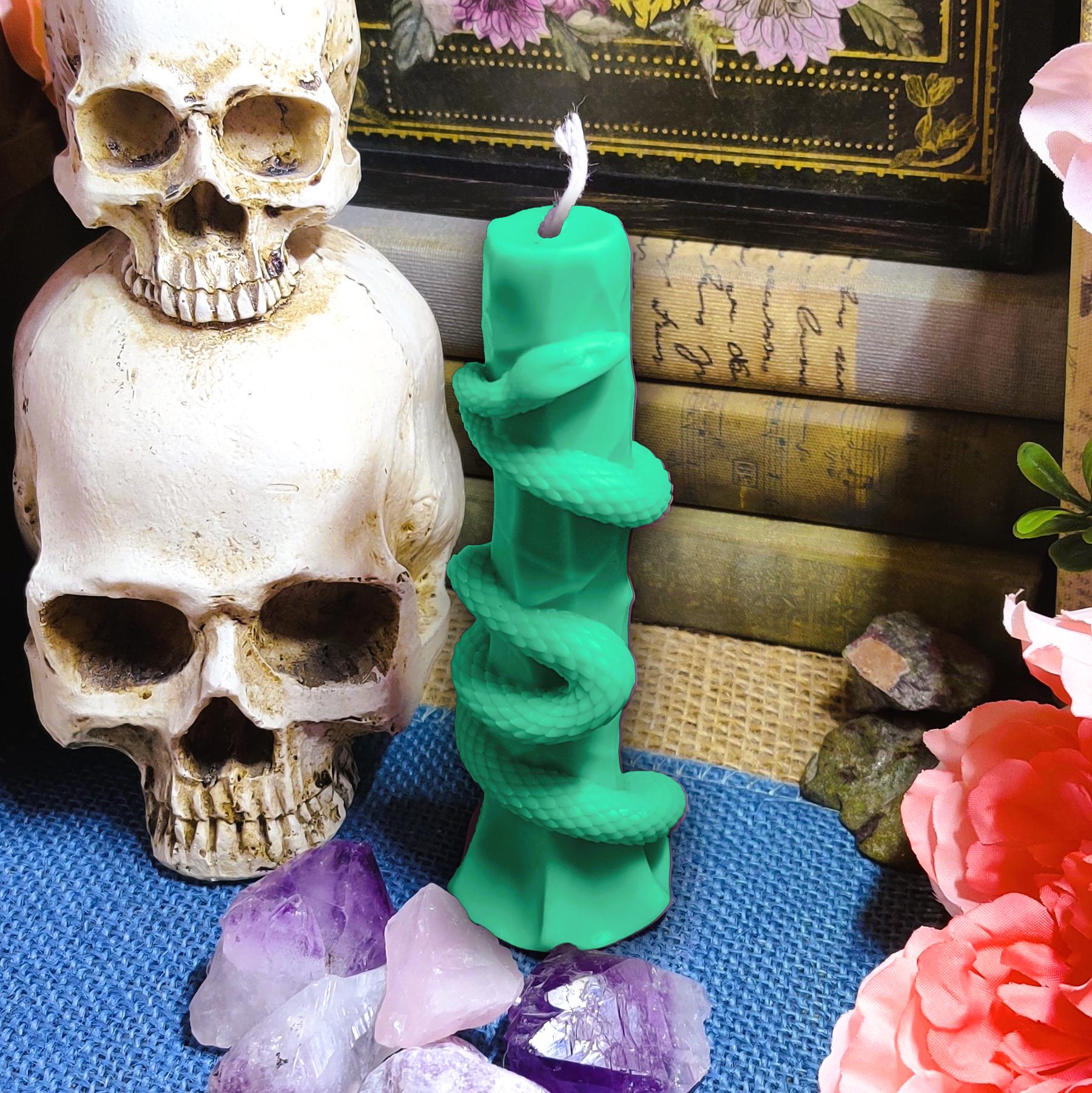 Serpent Pillar Candle – Snake Wrapped Stone Candle – Tall Coconut Soy Wax – Gothic Witch Decor – Scented Ritual Candle – Altar Candle Gift - The Dark Primordial