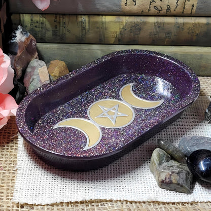 Triple Moon Pentagram Dish | Wiccan Altar Decor | Crystal & Jewelry Holder, Witchcraft Gift - The Dark Primordial