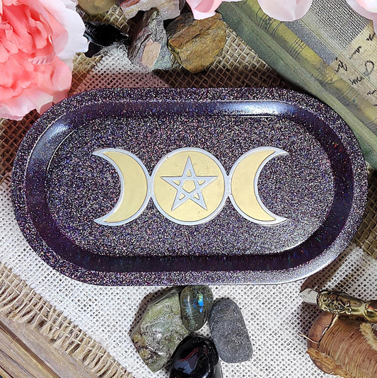 Triple Moon Pentagram Dish | Wiccan Altar Decor | Crystal & Jewelry Holder, Witchcraft Gift - The Dark Primordial