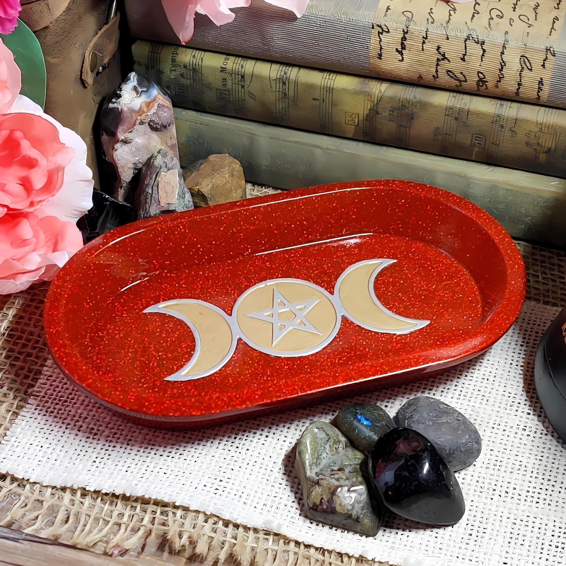 Triple Moon Pentagram Dish | Wiccan Altar Decor | Crystal & Jewelry Holder, Witchcraft Gift - The Dark Primordial