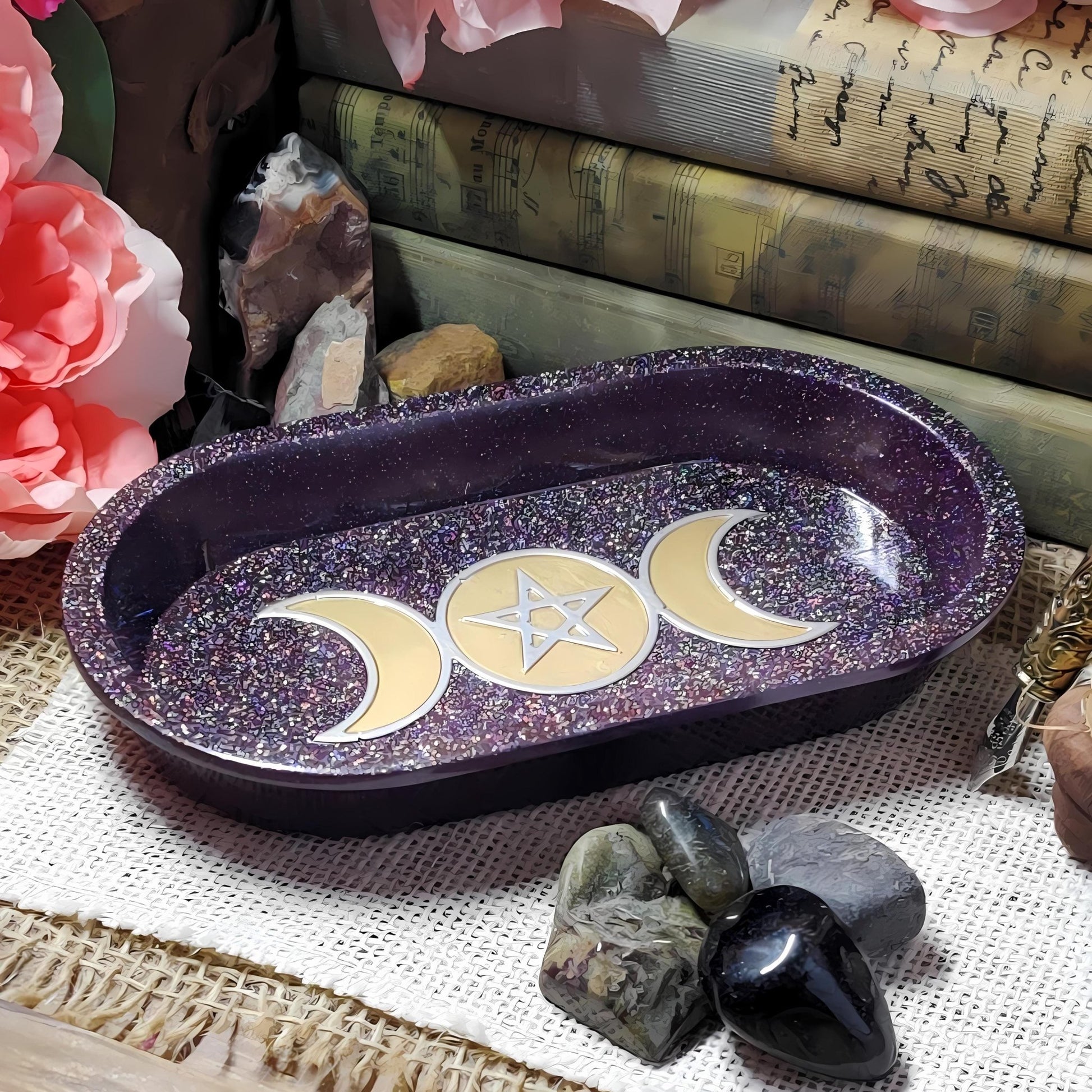 Triple Moon Pentagram Dish | Wiccan Altar Decor | Crystal & Jewelry Holder, Witchcraft Gift - The Dark Primordial