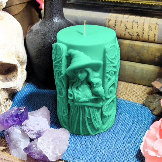 Witch & Owl Pillar Candle – Dual - Sided Witchy Decor – Thick Coconut Soy Candle – Scented Gothic Candle – Owl Altar Candle – Witchy Gift - The Dark Primordial