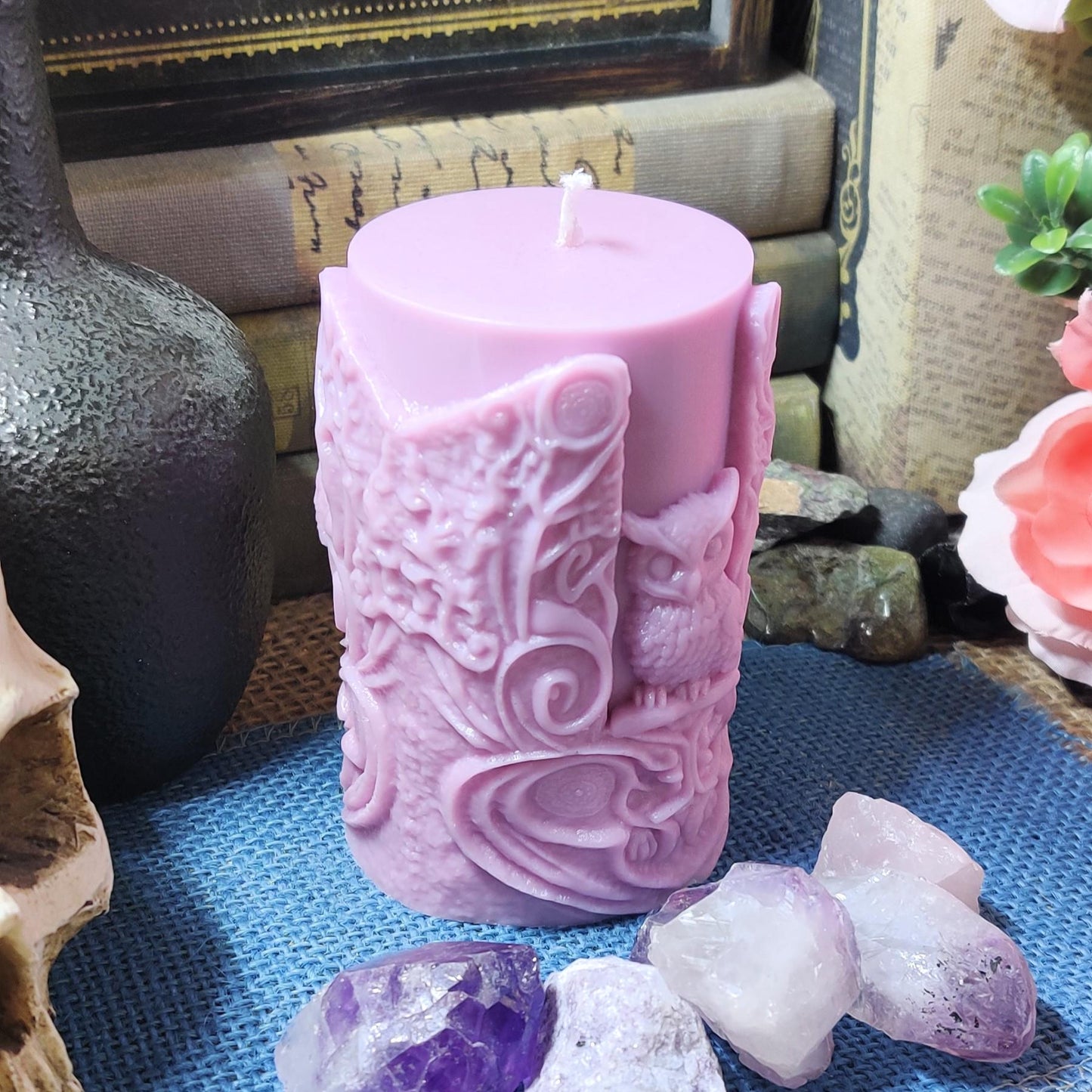 Witch & Owl Pillar Candle – Dual - Sided Witchy Decor – Thick Coconut Soy Candle – Scented Gothic Candle – Owl Altar Candle – Witchy Gift - The Dark Primordial