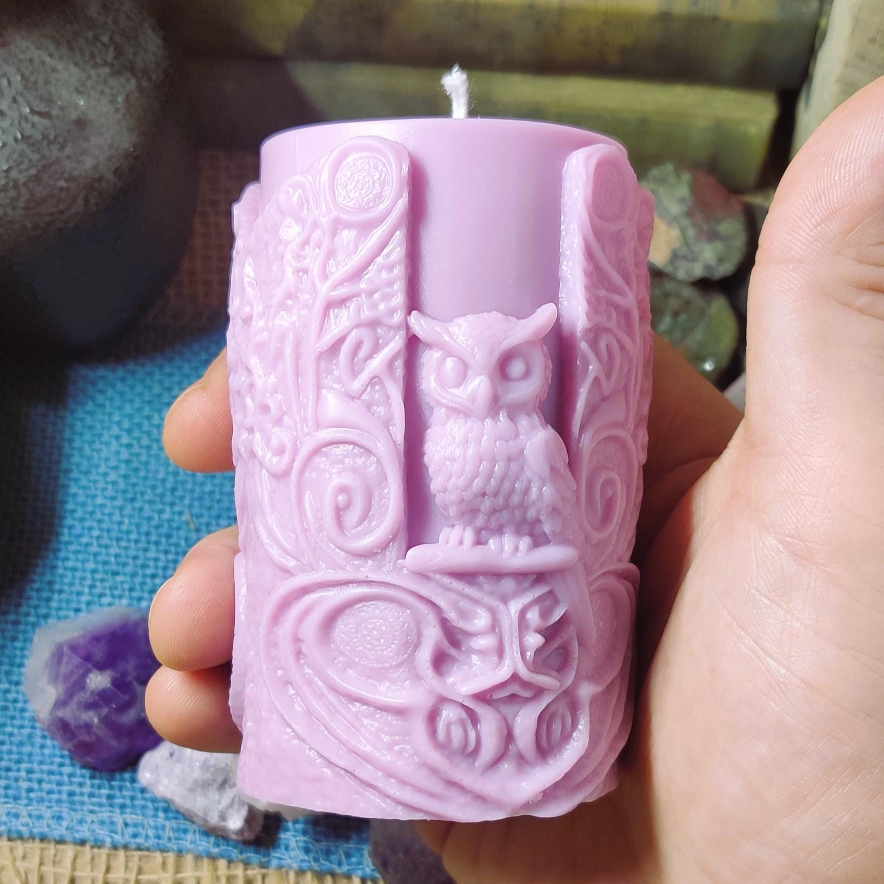 Witch & Owl Pillar Candle – Dual - Sided Witchy Decor – Thick Coconut Soy Candle – Scented Gothic Candle – Owl Altar Candle – Witchy Gift - The Dark Primordial