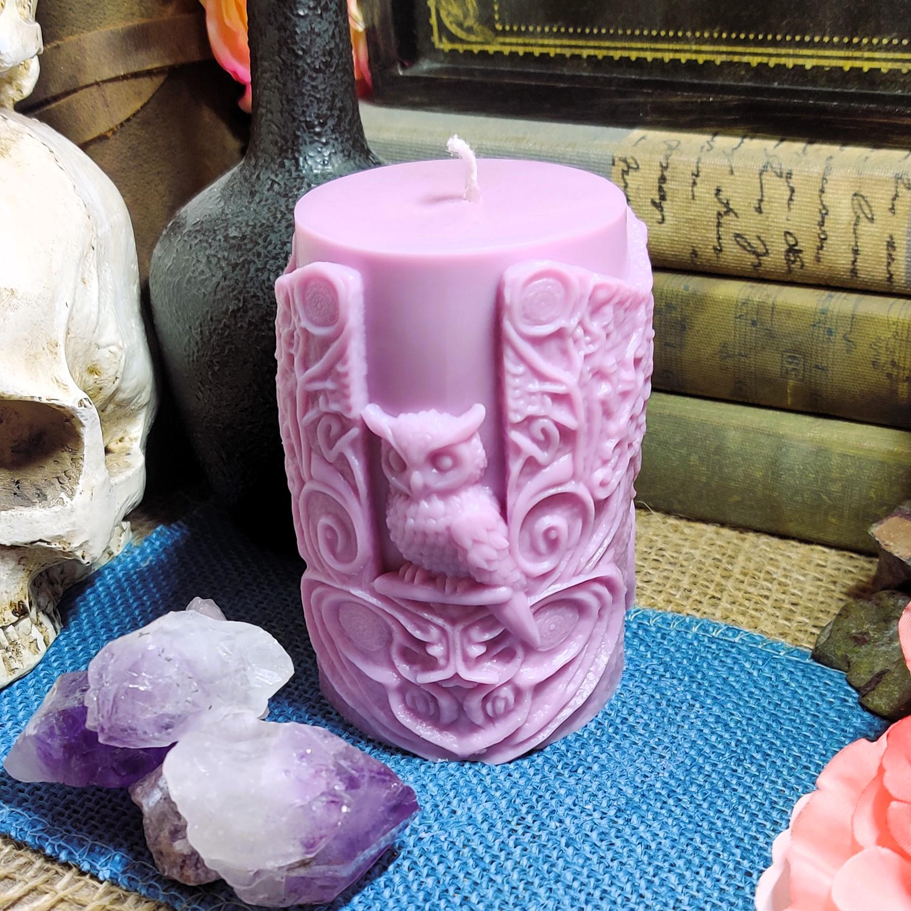 Witch & Owl Pillar Candle – Dual - Sided Witchy Decor – Thick Coconut Soy Candle – Scented Gothic Candle – Owl Altar Candle – Witchy Gift - The Dark Primordial