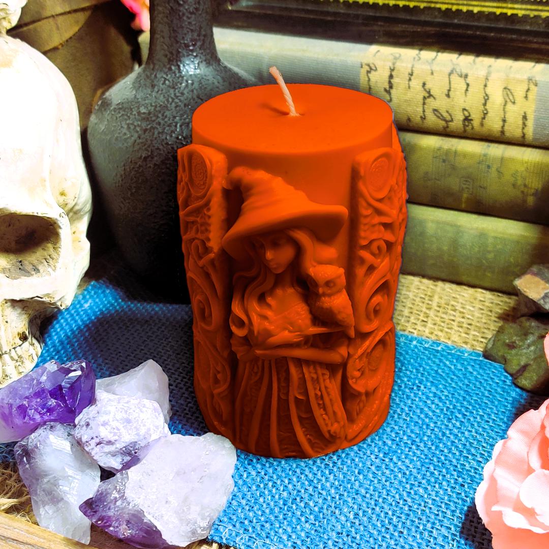 Witch & Owl Pillar Candle – Dual - Sided Witchy Decor – Thick Coconut Soy Candle – Scented Gothic Candle – Owl Altar Candle – Witchy Gift - The Dark Primordial