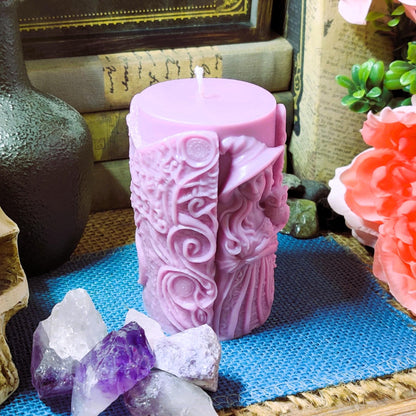 Witch & Owl Pillar Candle – Dual - Sided Witchy Decor – Thick Coconut Soy Candle – Scented Gothic Candle – Owl Altar Candle – Witchy Gift - The Dark Primordial