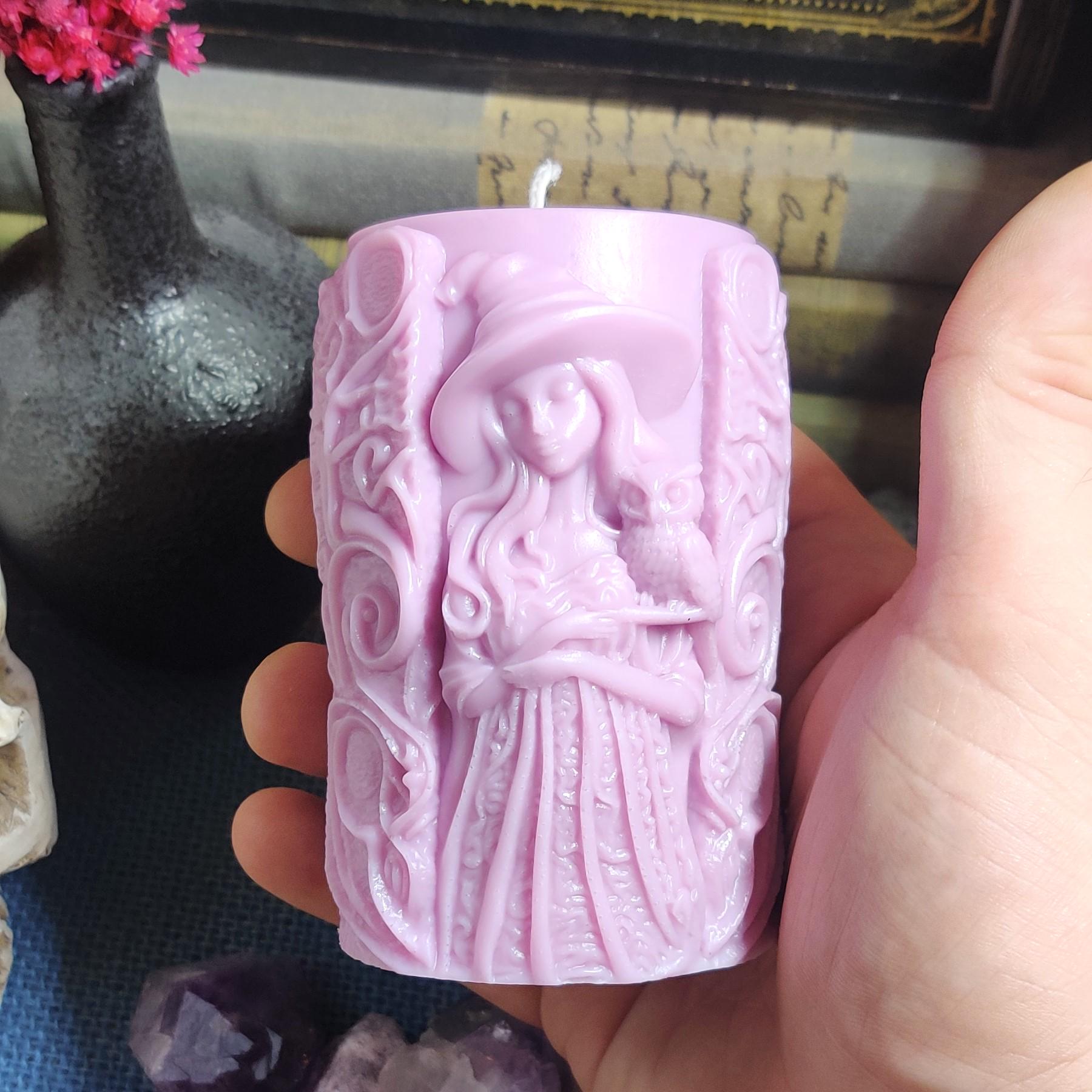Witch & Owl Pillar Candle – Dual - Sided Witchy Decor – Thick Coconut Soy Candle – Scented Gothic Candle – Owl Altar Candle – Witchy Gift - The Dark Primordial