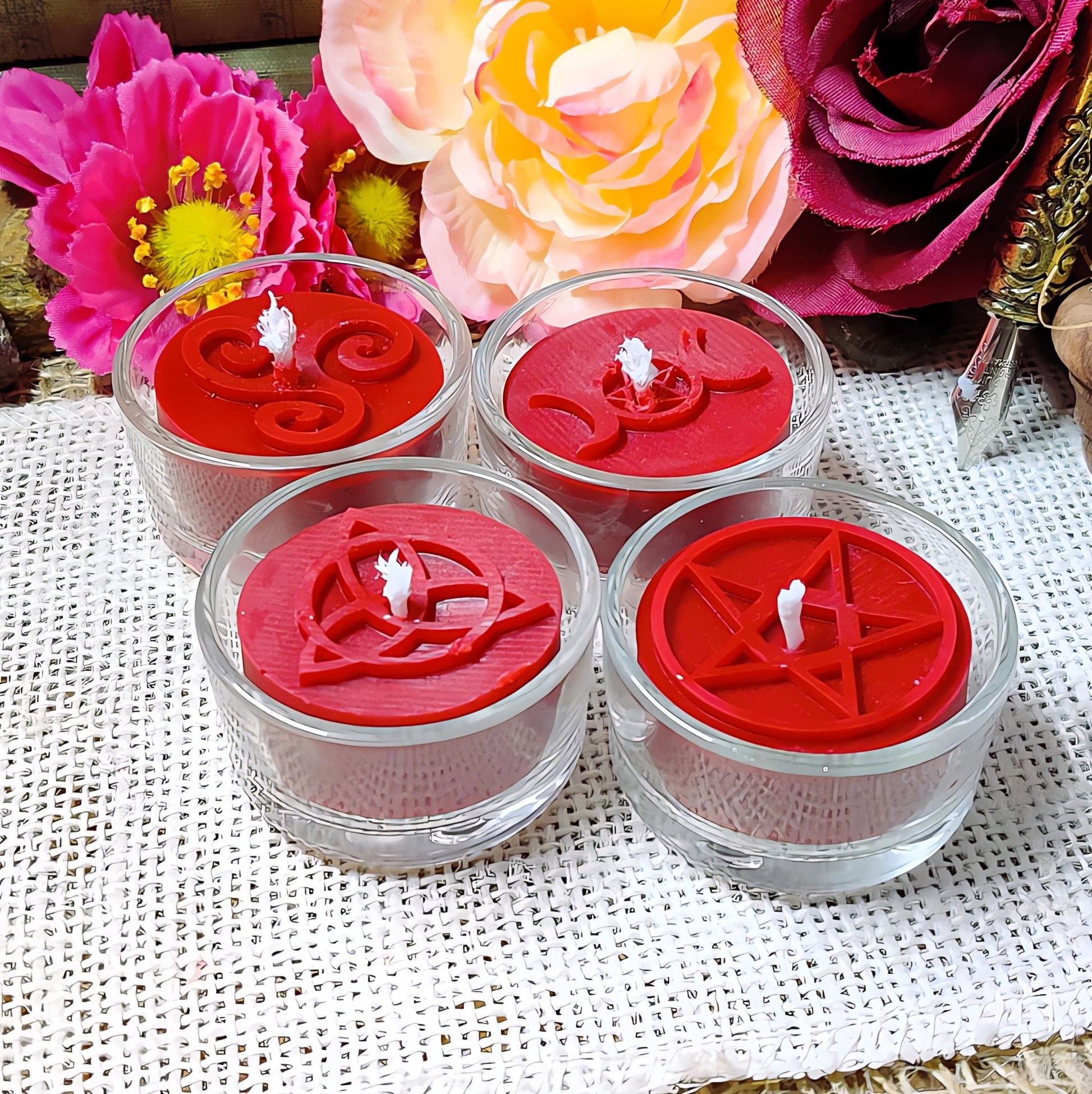 Witchy Tealight Set | 4 Magical Symbols | Spell Candles for Pagan Altar | Wicca Ritual - The Dark Primordial