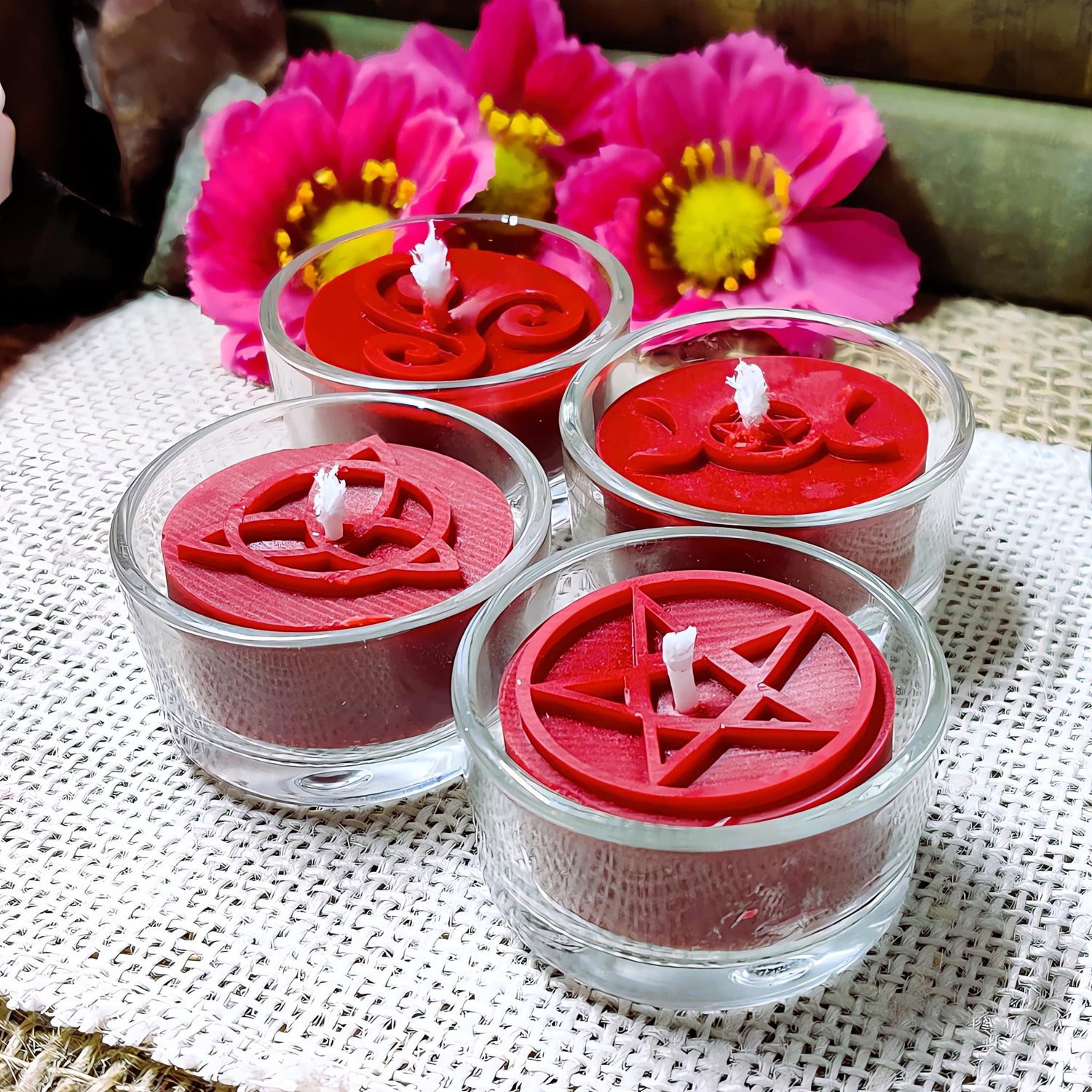 Witchy Tealight Set | 4 Magical Symbols | Spell Candles for Pagan Altar | Wicca Ritual - The Dark Primordial